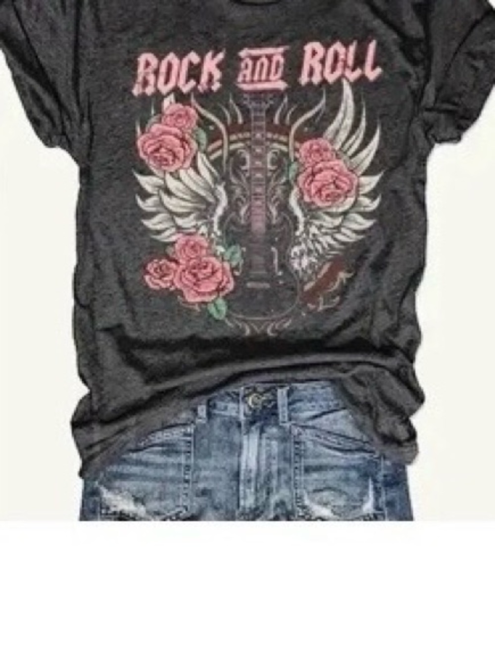 SHEIN Black Graphic 'Rock and Roll' Tee with Pink Roses